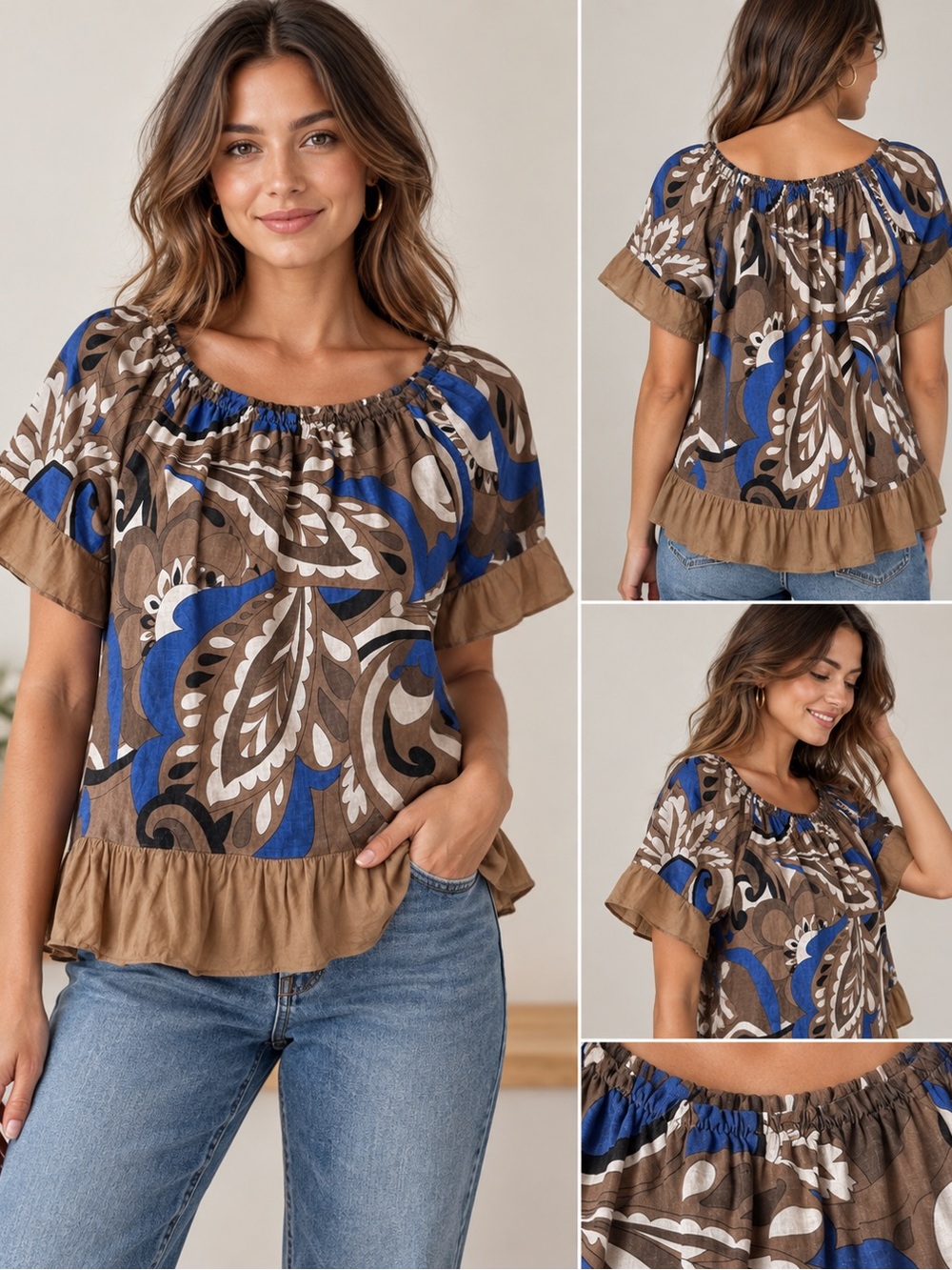 Relaxed Printed Peasant Blouse in Blue and Brown, Made in Italy, Large